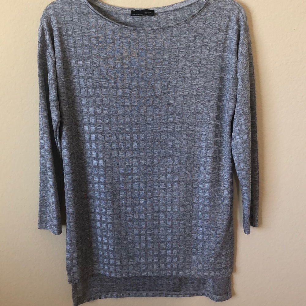 Zara W&B Gray Windowpane Tunic with 3/4 Length Sleeves and Hi Lo Hem- Size Small